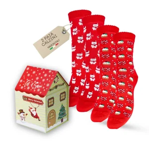 Calzini Donna Caldo Cotone, Calzino Donna Natale, Calze corte Donna Natalizi con scatola Regalo Made in Italy ASS2